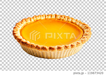 Closeup of pumpkin pie slice with dollops of whipped cream and sprinkle of cinnamon on top isolated on white background, showcasing a Halloween dessert concept Closeup of pumpkin pie slice with dollops of whipped cream and sprinkle of cinnamon on top isolated on white background, showcasing a Halloween dessert concept 119873420