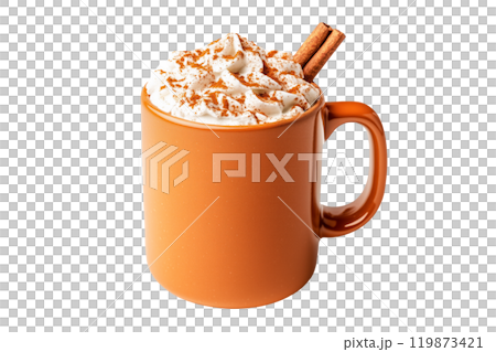 A pumpkin spice latte topped with whipped cream and cinnamon sticks isolated on white transparent background. Halloween beverage concept A pumpkin spice latte topped with whipped cream and cinnamon sticks isolated on white transparent background. Halloween beverage concept 119873421
