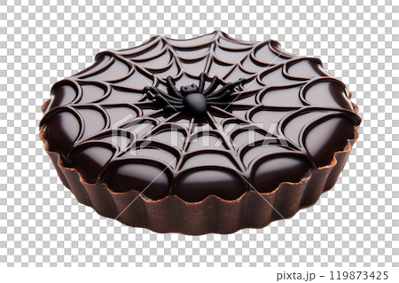 Chocolate tart with glossy spider web design and spider decoration isolated on white transparent background. Concept of Halloween dessert 119873425