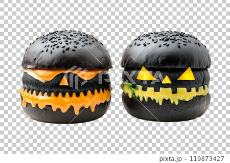 Halloween-themed burgers with carved pumpkin tops, displaying various faces isolated on a white transparent background. Halloween food concept 119873427