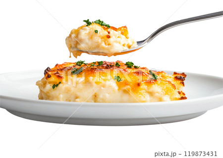 Sweet potato casserole with a crunchy pecan topping in white ceramic dish isolated on white transparent background. Concept of homemade comfort food Thanksgiving Day side dishes 119873431