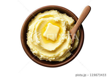 A black bowl filled with creamy mashed potatoes topped with a pat of melting butter isolated on white transparent background. Concept of holidays Thanksgiving Day side dishes 119873433