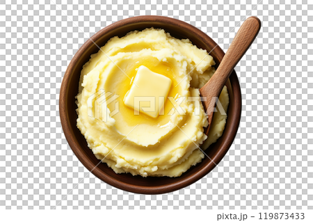 A black bowl filled with creamy mashed potatoes topped with a pat of melting butter isolated on white transparent background. Concept of holidays Thanksgiving Day side dishes 119873433
