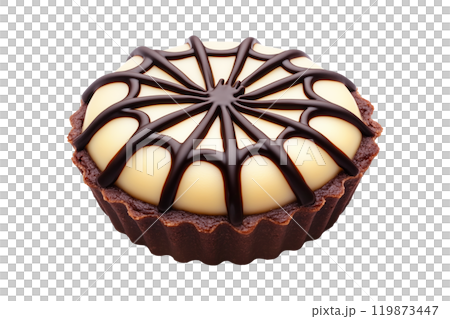 Chocolate tart with glossy spider web design and spider decoration isolated on white transparent background. Concept of Halloween dessert Chocolate tart with glossy spider web design and spider decoration isolated on white transparent background. Concept of Halloween dessert 119873447