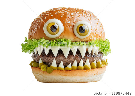 A creative burger designed to look like a monster face, with olives for eyes and cheese for teeth isolated on white background. Fun food concept for Halloween A creative burger designed to look like a monster face, with olives for eyes and cheese for teeth isolated on white background. Fun food concept for Halloween 119873448