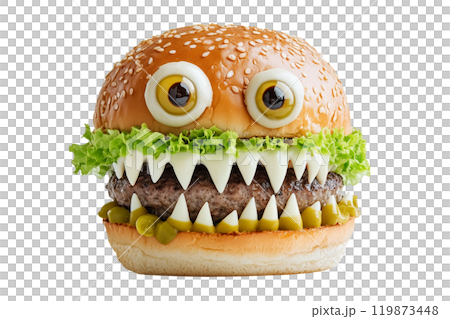 A creative burger designed to look like a monster face, with olives for eyes and cheese for teeth isolated on white background. Fun food concept for Halloween A creative burger designed to look like a monster face, with olives for eyes and cheese for teeth isolated on white background. Fun food concept for Halloween 119873448
