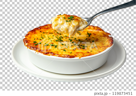 Sweet potato casserole with a crunchy pecan topping in white ceramic dish isolated on white transparent background. Concept of homemade comfort food Thanksgiving Day side dishes 119873451