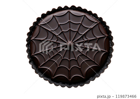 Chocolate tart with glossy spider web design and spider decoration isolated on white transparent background. Concept of Halloween dessert Chocolate tart with glossy spider web design and spider decoration isolated on white transparent background. Concept of Halloween dessert 119873466