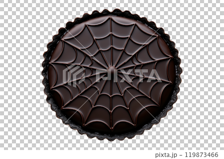 Chocolate tart with glossy spider web design and spider decoration isolated on white transparent background. Concept of Halloween dessert Chocolate tart with glossy spider web design and spider decoration isolated on white transparent background. Concept of Halloween dessert 119873466
