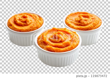 Sweet potato casserole with a crunchy pecan topping in white ceramic dish isolated on white transparent background. Concept of homemade comfort food Thanksgiving Day side dishes Sweet potato casserole with a crunchy pecan topping in white ceramic dish isolated on white transparent background. Concept of homemade comfort food Thanksgiving Day side dishes 119873472