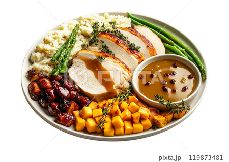 Plate of Thanksgiving dinner featuring turkey slices, roasted potatoes, cranberry sauce, mashed potatoes, and asparagus isolated on white transparent background. Concept of festive meal Plate of Thanksgiving dinner featuring turkey slices, roasted potatoes, cranberry sauce, mashed potatoes, and asparagus isolated on white transparent background. Concept of festive meal 119873481