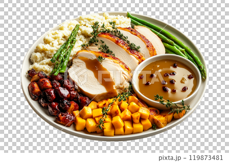 Plate of Thanksgiving dinner featuring turkey slices, roasted potatoes, cranberry sauce, mashed potatoes, and asparagus isolated on white transparent background. Concept of festive meal Plate of Thanksgiving dinner featuring turkey slices, roasted potatoes, cranberry sauce, mashed potatoes, and asparagus isolated on white transparent background. Concept of festive meal 119873481