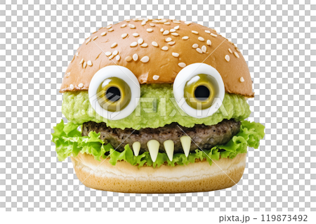 A creative burger designed to look like a monster face, with olives for eyes and cheese for teeth isolated on white background. Fun food concept for Halloween 119873492