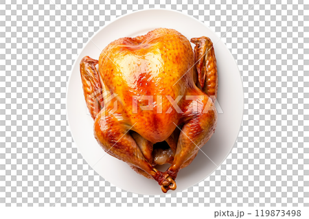 Whole roasted turkey or chicken isolated on white transparent background. Concept of food for Thanksgiving Day 119873498