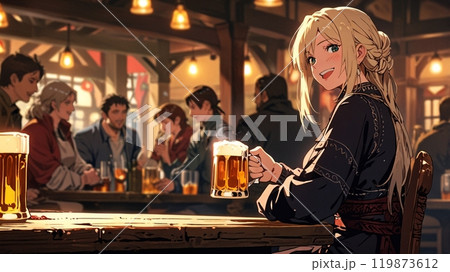 中世酒場で寛ぐ金髪ポニーテールの美女 119873612