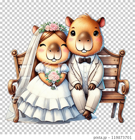 Cute cartoon couple of capybaras in wedding attire 119873701