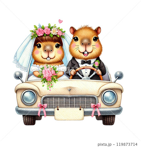 Wedding Capybara driving vintage car 119873714