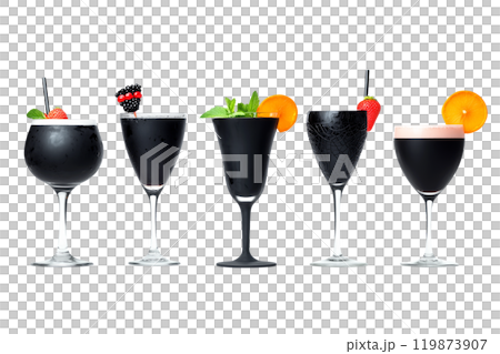 Stylish black cocktails isolated on a white background. Concept of elegant and unique  Halloween beverages. 119873907