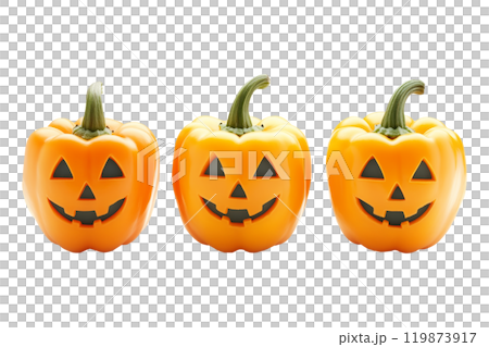Orange bell peppers carved with jack-o'-lantern faces isolated on a white background, depicting a Halloween theme with a playful twist 119873917