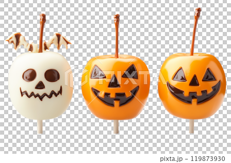 Halloween themed candy apples with jack-o'-lantern faces isolated on a white background. Concept of Halloween treats. 119873930