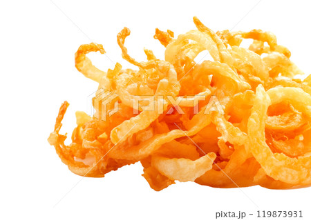 Pile of crispy curly onion fries isolated on a white background. Concept of fast food snacks. 119873931