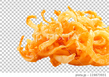 Pile of crispy curly onion fries isolated on a white background. Concept of fast food snacks. 119873931
