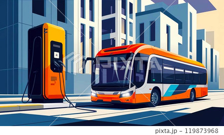 Electric bus charging at station in modern city with colorful buildings in the background. 119873968