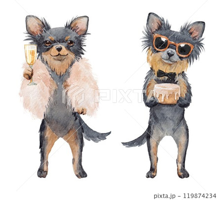 Beautiful set with two cute hand drawn dog illustrations. Party dogs. Beautiful set with two cute hand drawn dog illustrations. Party dogs. 119874234