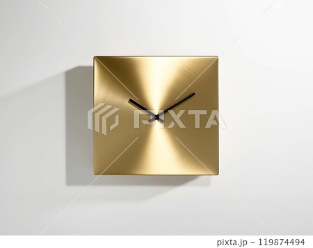 Stylish gold square wall clock against a white isolated background. 119874494