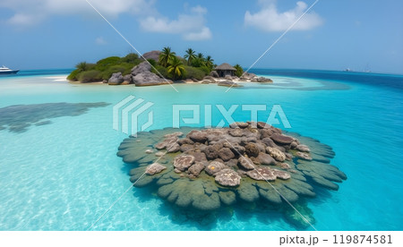 Tropical Paradise:  Island, turquoise water, beach, coral reef, 119874581