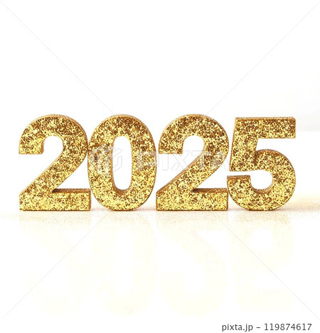 Glittering gold numbers representing the year 2025 on a white isolated background. 119874617