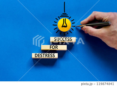 Destress for success symbol. Concept words Destress for success on wooden blocks. Doctor hand. Beautiful blue background. Psychological business and destress for success concept. Copy space. 119874841