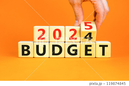 Planning 2025 budget new year symbol. Concept words 2024 Budget to 2025 Budget on beautiful wooden blocks. Beautiful orange table orange background. Business 2025 Budget new year concept. Copy space. 119874845