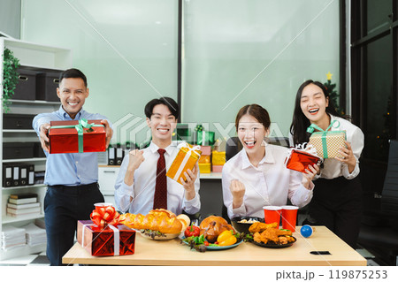 excited businessman feel happy, celebrating together  at Merry Christmas and Happy New Year. 119875253