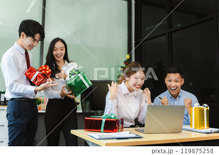 excited businessman feel happy, celebrating together  at Merry Christmas and Happy New Year. 119875258