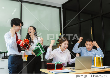 excited businessman feel happy, celebrating together  at Merry Christmas and Happy New Year. 119875259