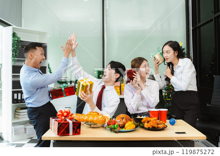 excited businessman feel happy, celebrating together  at Merry Christmas and Happy New Year. 119875272