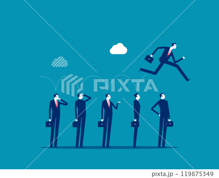 Career competition, job promotion or selfish colleagues jump over other people to get to goal, take advantage of coworker to success, selfish businessman jump over other people to achieve target. 119875349