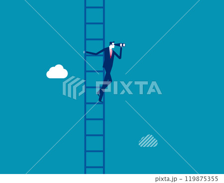 Career opportunity, business success vision or searching for new job, leadership visionary, looking for goal, future or business discovery concept, businesswoman climb up ladder looking on telescope. Career opportunity, business success vision or searching for new job, leadership visionary, looking for goal, future or business discovery concept, businesswoman climb up ladder looking on telescope. 119875355