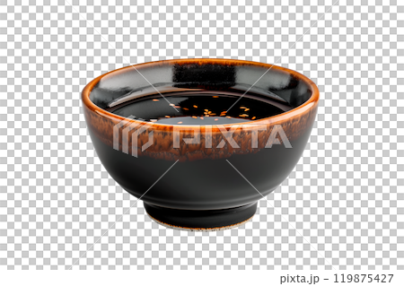 Ceramic bowl of soy sauce with a red cap isolated on a white transparent background. Condiment concept. Ceramic bowl of soy sauce with a red cap isolated on a white transparent background. Condiment concept. 119875427