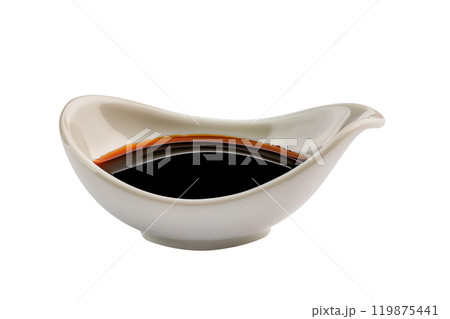 Ceramic bowl of soy sauce with a red cap isolated on a white transparent background. Condiment concept. Ceramic bowl of soy sauce with a red cap isolated on a white transparent background. Condiment concept. 119875441