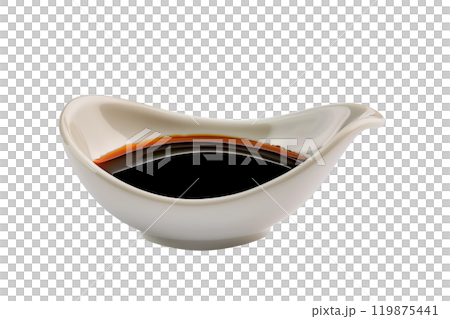 Ceramic bowl of soy sauce with a red cap isolated on a white transparent background. Condiment concept. Ceramic bowl of soy sauce with a red cap isolated on a white transparent background. Condiment concept. 119875441