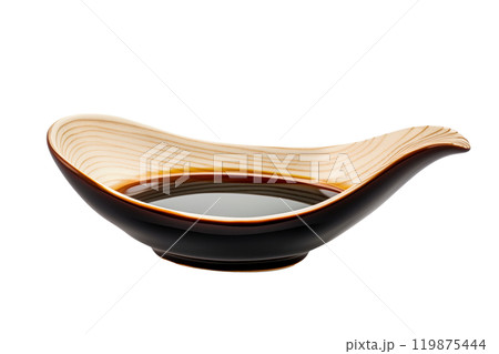 Ceramic bowl of soy sauce with a red cap isolated on a white transparent background. Condiment concept. Ceramic bowl of soy sauce with a red cap isolated on a white transparent background. Condiment concept. 119875444