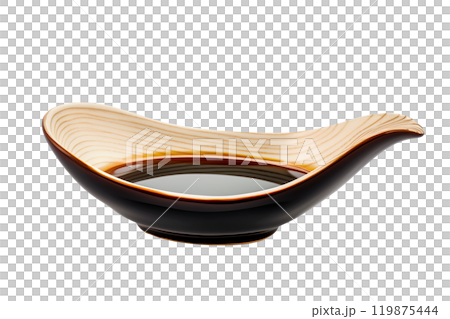 Ceramic bowl of soy sauce with a red cap isolated on a white transparent background. Condiment concept. Ceramic bowl of soy sauce with a red cap isolated on a white transparent background. Condiment concept. 119875444
