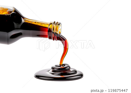 Dark soy sauce poured from bottle isolated on white transparent background. 119875447