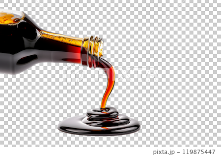 Dark soy sauce poured from bottle isolated on white transparent background. 119875447