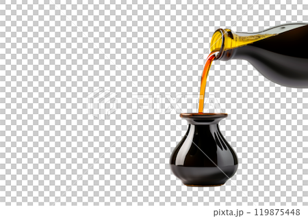 Dark soy sauce poured from bottle isolated on white transparent background. Dark soy sauce poured from bottle isolated on white transparent background. 119875448