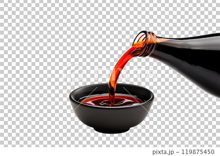Dark soy sauce poured from bottle isolated on white transparent background. 119875450