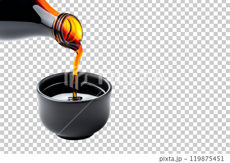 Dark soy sauce poured from bottle isolated on white transparent background. 119875451