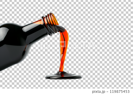 Dark soy sauce poured from bottle isolated on white transparent background. 119875453